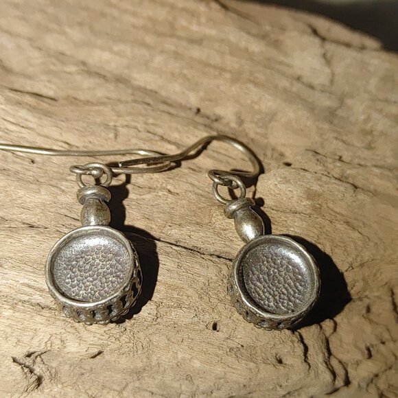 Vintage Sterling Silver Green Glass Dangle Earrings Round Bezel Settings Boho - Picture 4 of 13